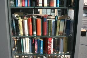 Blick ins öffentliche Bücherregal mit vielen Büchern drin